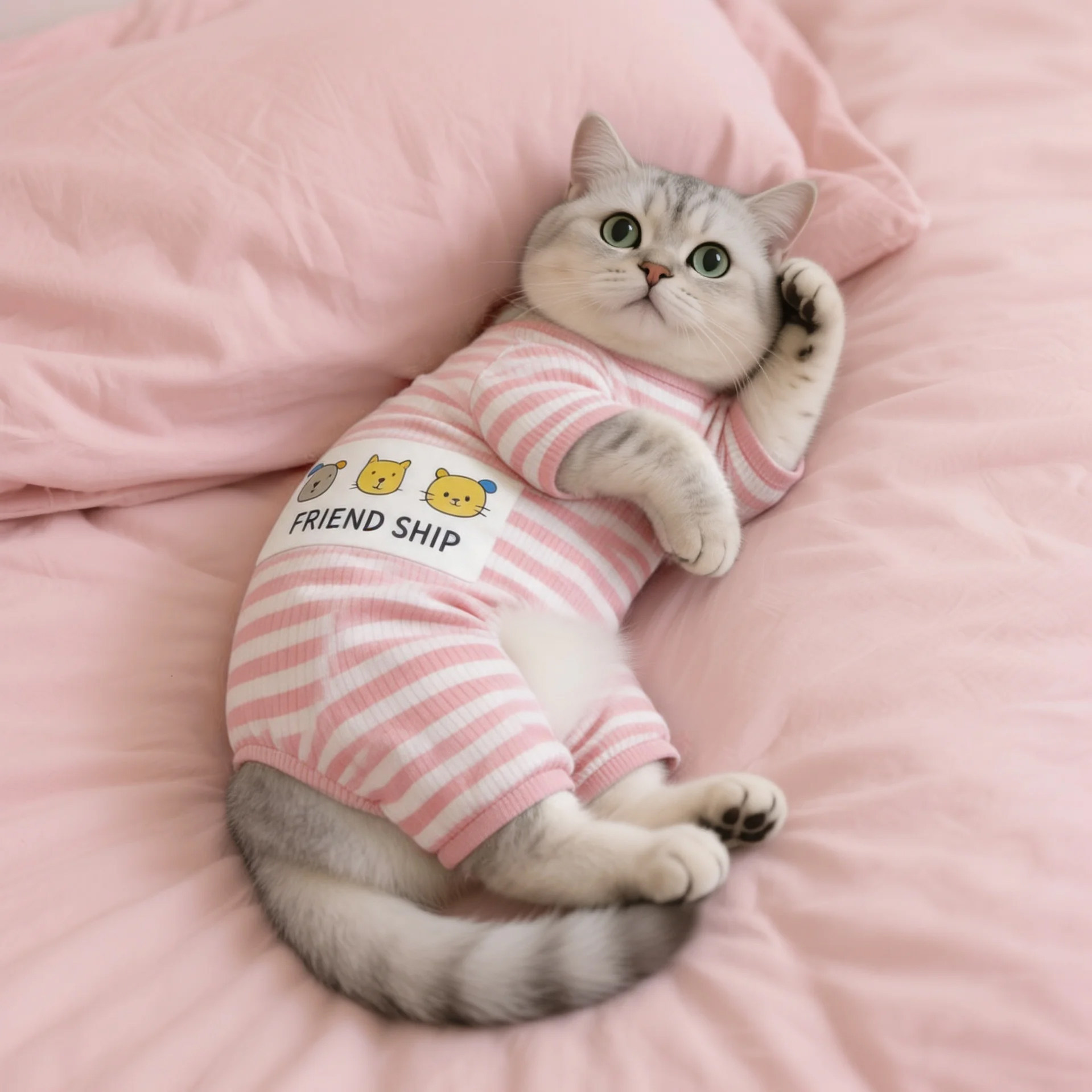 猫咪衣服防掉毛四脚衣蓝猫英短幼猫秋季宠物夏天空调居家条纹睡衣