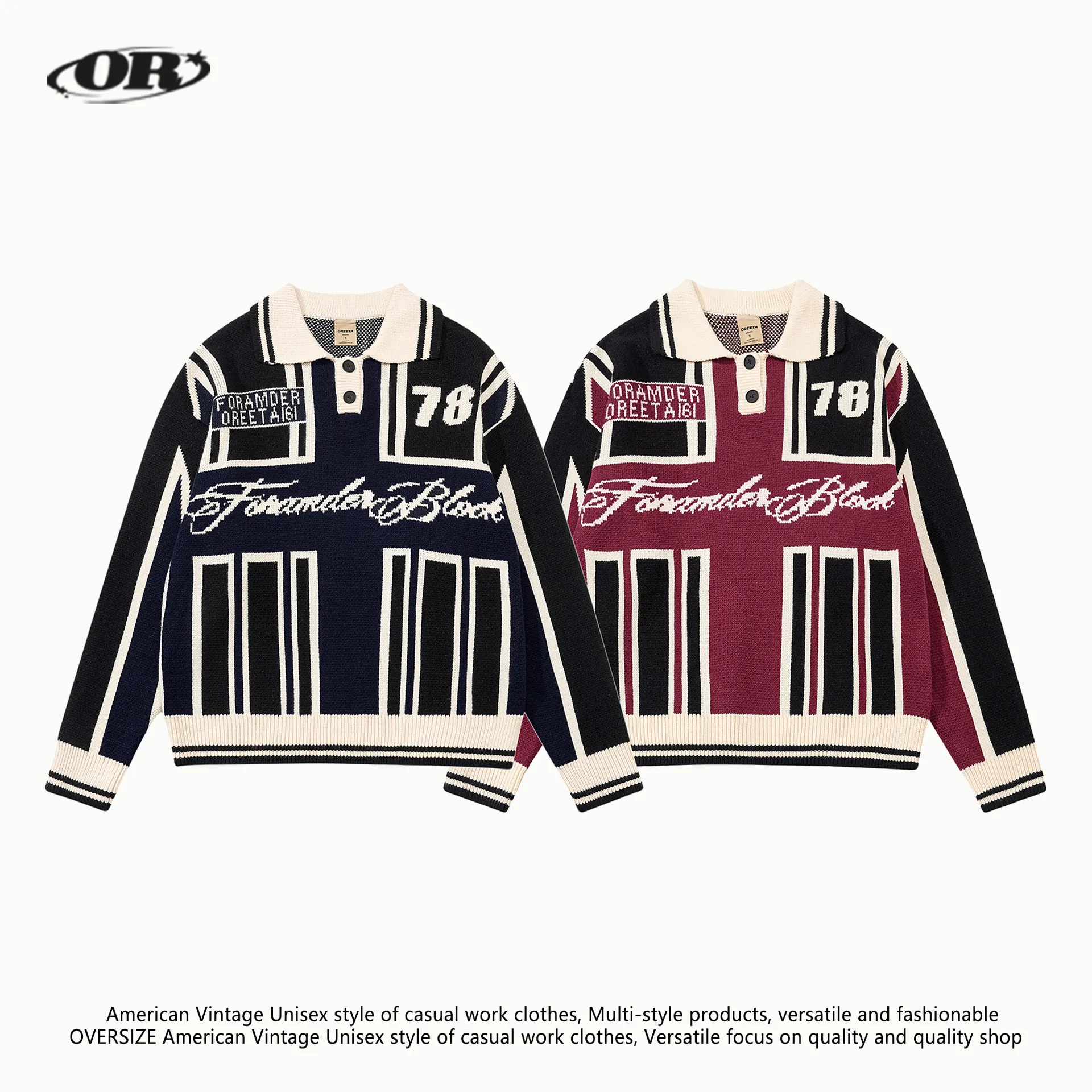 OREETA美式泽西风撞色提花翻领毛衣男女款宽松慵懒感POLO领针织衫