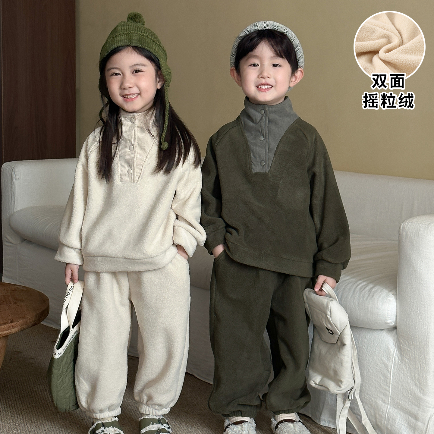 儿童摇粒绒套装加绒男女童运动秋冬季2025新款宝宝休闲卫衣两件套