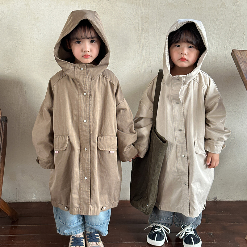 儿童外套中长款男童秋装女童连帽风衣2025新款春秋季洋气宝宝上衣