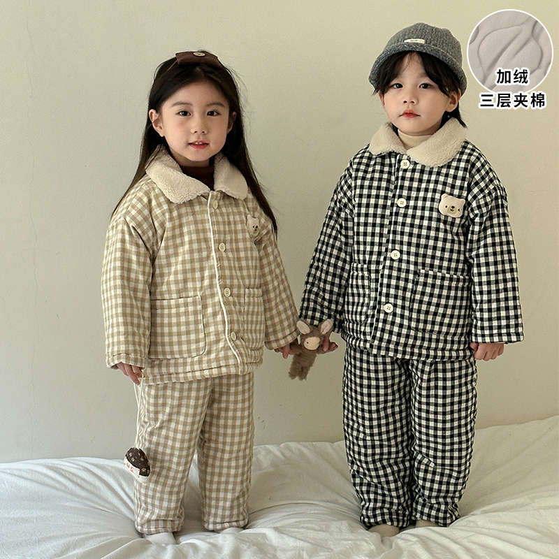 儿童睡衣冬季加厚款女童保暖宝宝加绒三层夹棉男童小孩家居服套装