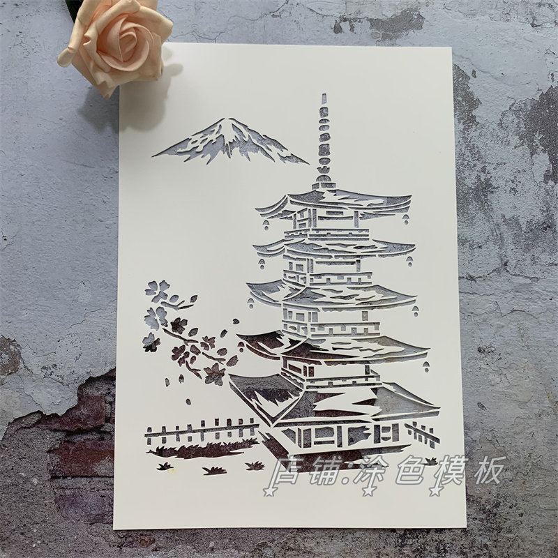 富士山下 日系唯美镂空板真石漆镂空模板画diy手绘墙绘创意喷漆涂