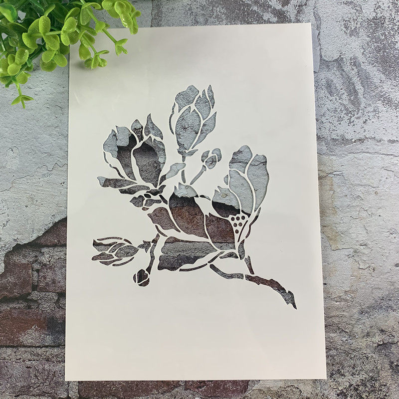 玉兰花 花枝绿叶涂鸦植物彩绘工具DIY镂空画模板墙绘手绘遮蔽板