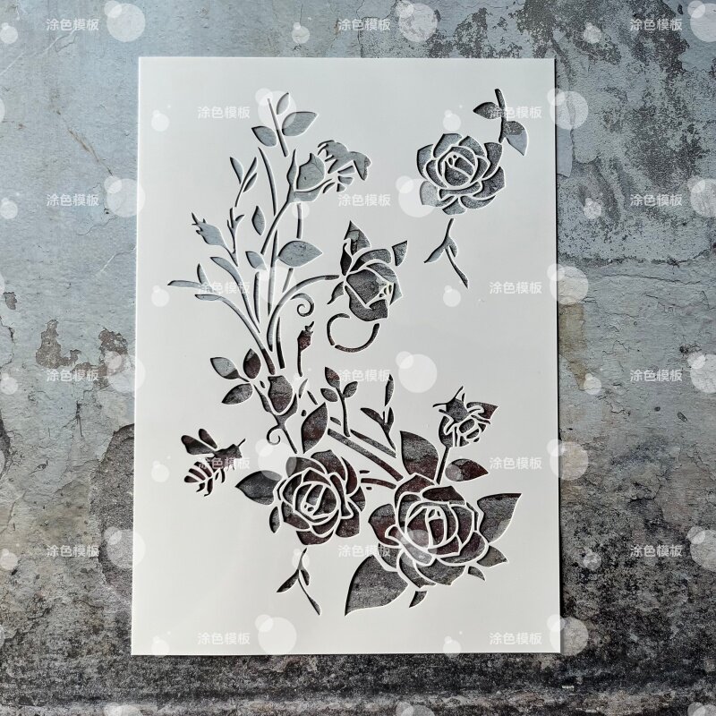 玫瑰蜜蜂 植物花丛枝叶镂空模板手绘画画涂鸦墙绘DIY喷绘图遮蔽板