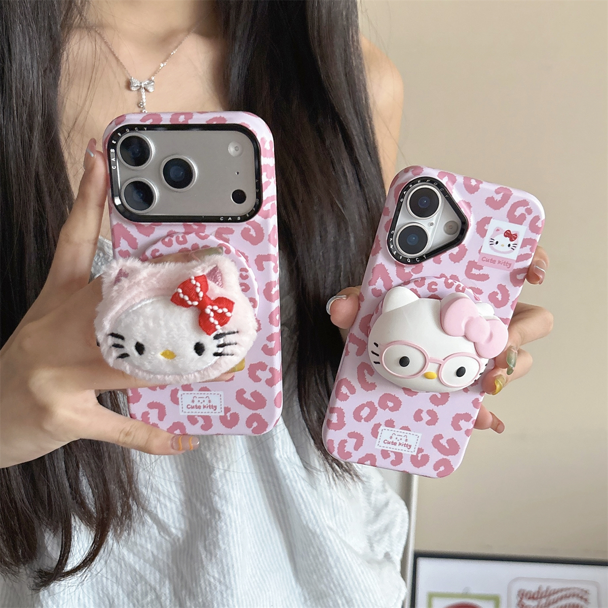 宏界 甜酷风粉色豹纹可爱Kitty猫磁吸支架适用苹果17ProMax手机壳iphone15新款16pro菲林壳14pro防摔13保护套