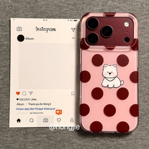 宏界 ins软萌卡通酒红波点小狗适用苹果18promax手机壳iphone17pro新款16创意15女18pm全包软17pro防摔手机套