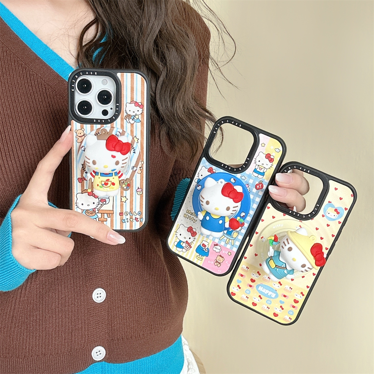 宏界 创意波漾皮纹可爱画家Kitty猫磁吸支架适用苹果17ProMax手机壳iphone15新款16pro女款14pro防摔17保护套
