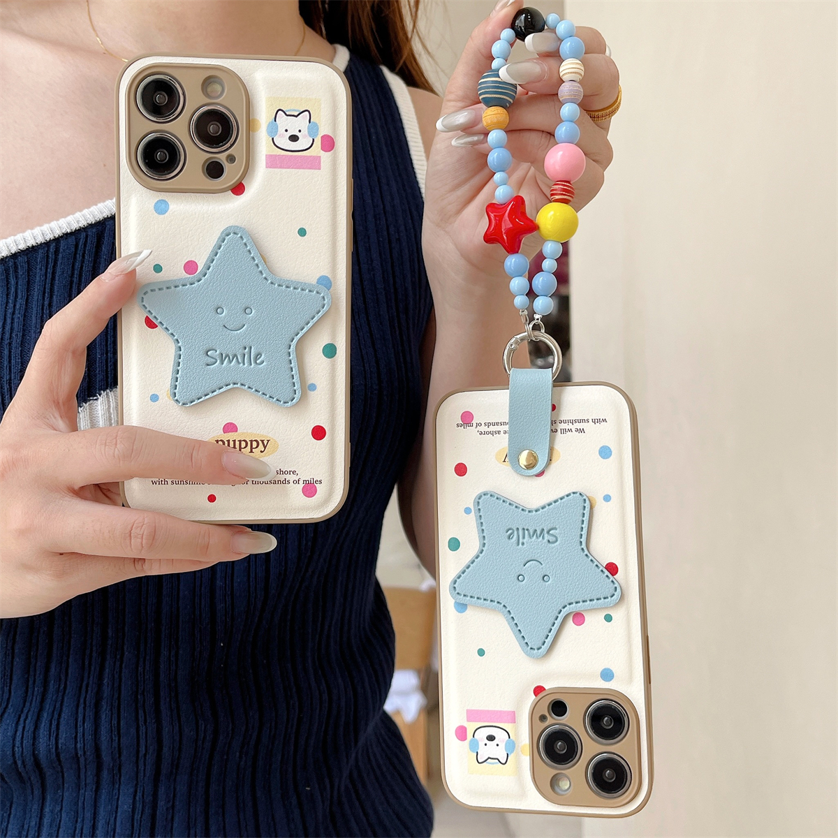 宏界 韩系ins风立体蓝色星星笑脸带链条适用苹果16promax手机壳iphone15新款13pro皮纹12女款14pro防摔保护套
