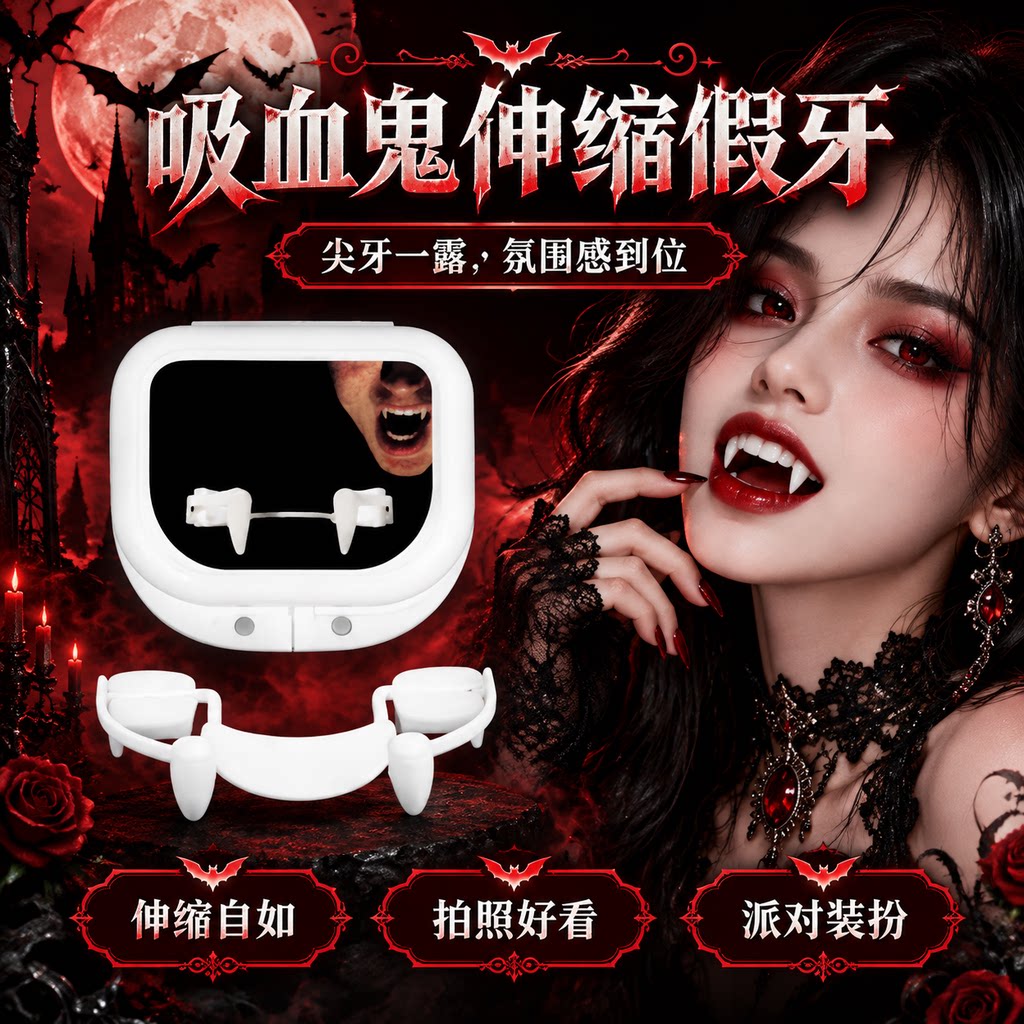 万圣节可伸缩牙齿整蛊吸血鬼假牙套儿童僵尸虎牙装饰恐怖吓人獠牙