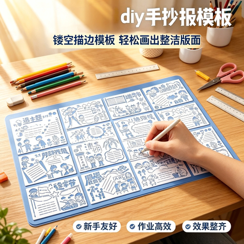 2026新学期全年节日A4手抄报模板8K开A3小学生镂空模版绘画尺