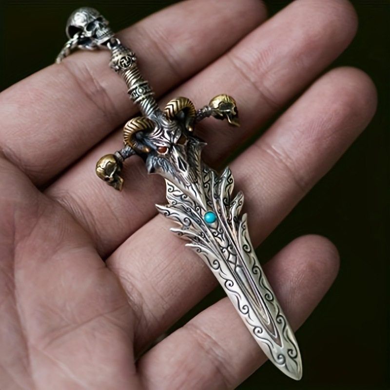 欧美爆款复古羊骷髅头古剑项链不锈钢链条哥特恶魔骷髅头项链新品