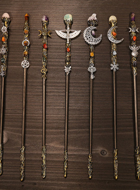 32厘米天然水晶仙女棒碎石双头magic wand复古wiccan魔法棒权杖