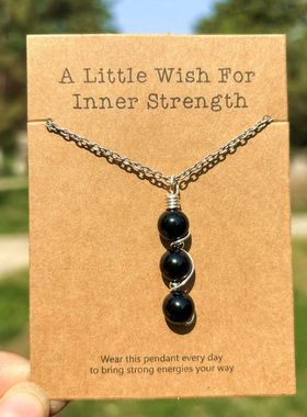 新品欧美流行许愿卡片Wish项链天然水晶圆珠绕线不锈钢链子项链