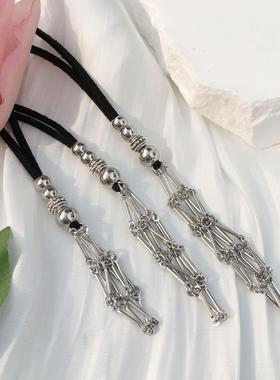 波西米亚风复古皮绳经典圆棒竹节欧美流行可调节金属网兜项链