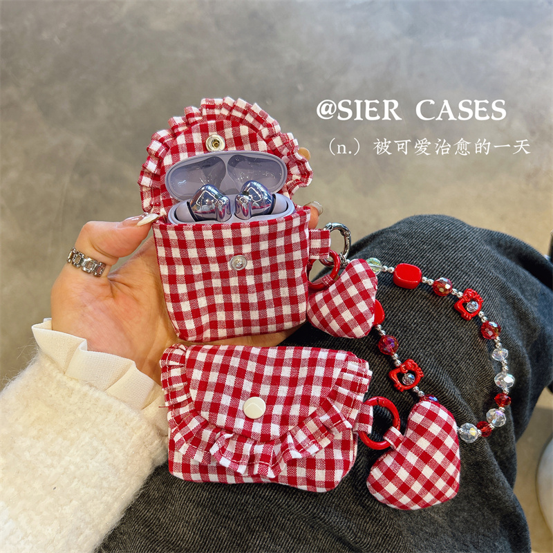 红格纹耳机收纳包少女心酒红色