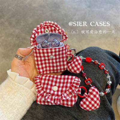 红格纹耳机收纳包少女心酒红色