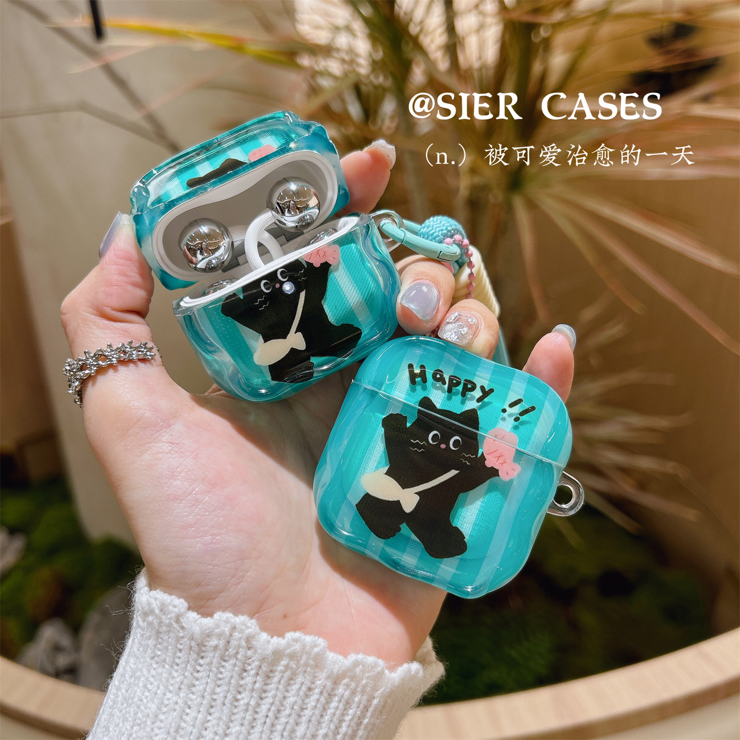 冰透绿小黑猫防摔半透耳机壳