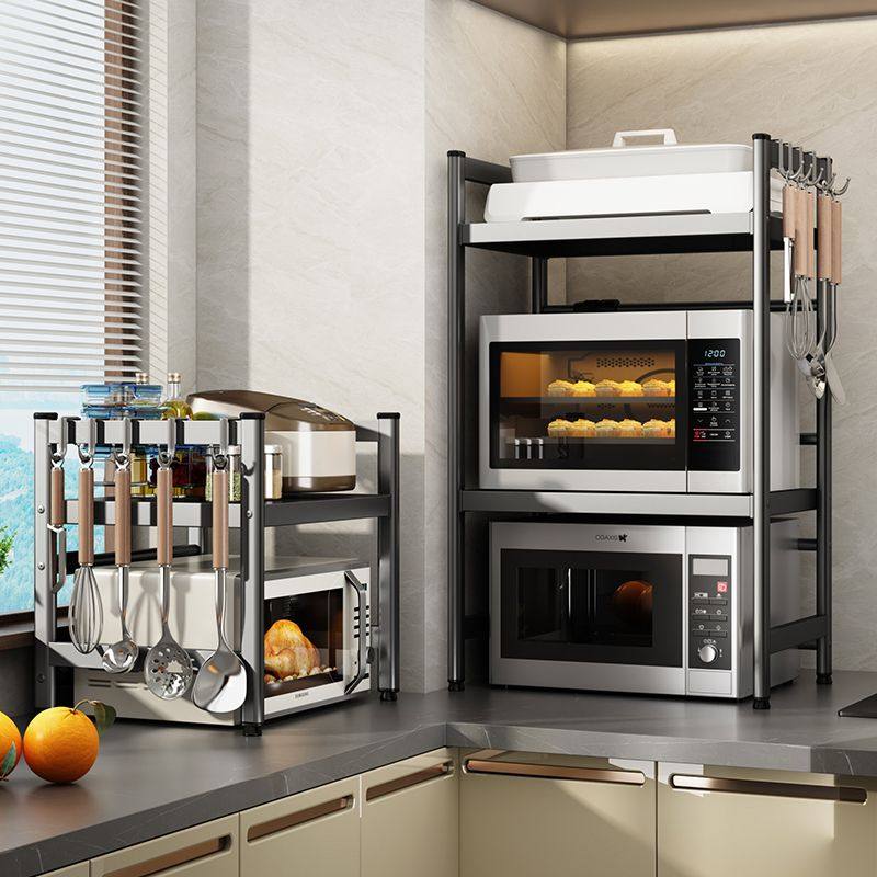 贝凯枪灰可伸缩厨房置物架微波炉架子家用电饭煲台面烤箱收纳架子