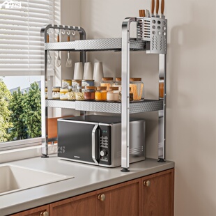 不锈钢置物架落地微波炉收纳架家用多功能不锈钢货架子厨房置物架