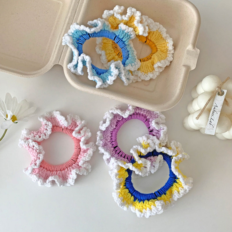 秋冬发饰拼色毛线波浪发圈手工编织发绳丸子头大肠圈