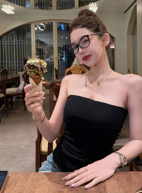 PickRui睿哥 酷酷美学 夏季新款黑色毛边抹胸背心女无袖上衣外穿