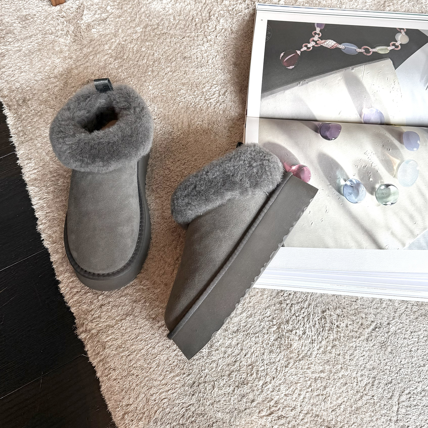 PickRui睿哥 松糕厚底毛毛雪地靴女短筒冬季新款休闲平底棉鞋加厚