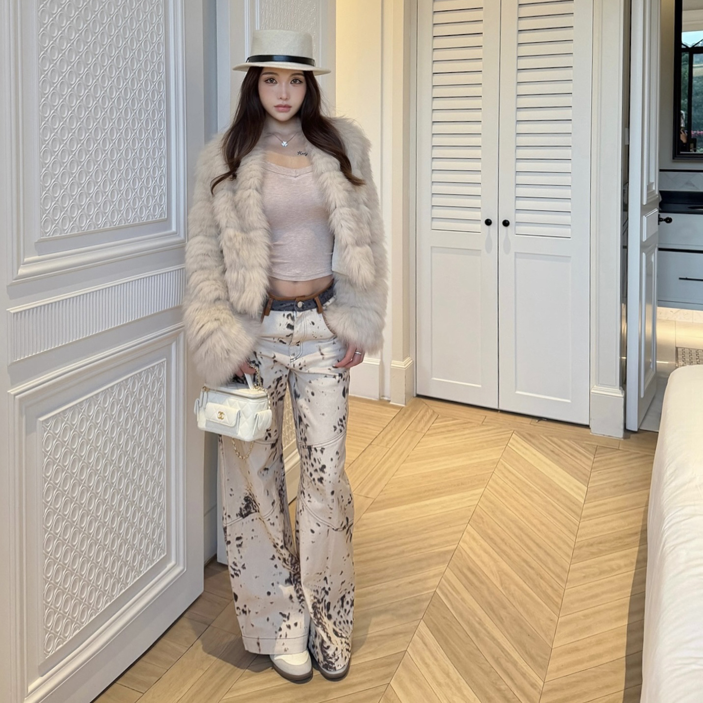 PickRui 睿哥 豹豹猫猫 新款豹纹拼色牛仔裤女秋冬设计感直筒裤子