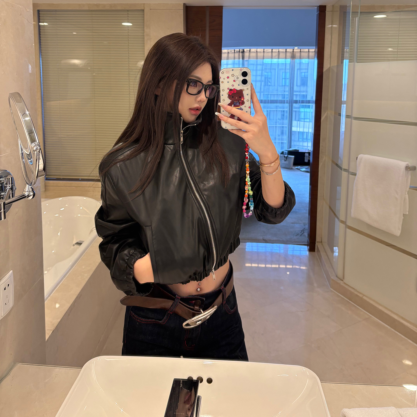 PickRui 睿哥 气质拽姐 短款廓形皮衣收腰炸街机车夹克设计感外套