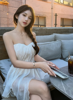 PickRui睿哥 人鱼之吻手工褶皱流光纱抹胸上衣女夏新款设计感背心