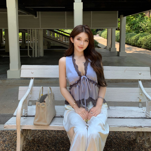 PickRui睿哥夏季新款V领蕾丝边小衫雪纺衫女纯欲吊带背心无袖上衣