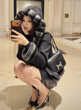 PickRui睿哥 韩系龙猫环保皮草女冬季新款毛领麂皮羽绒服毛毛外套