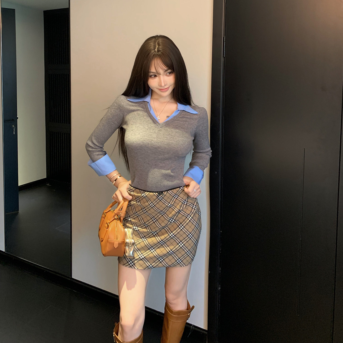 PickRui睿哥 灰蓝叠叠乐 衬衫领假两件针织上衣女新款早秋打底衫