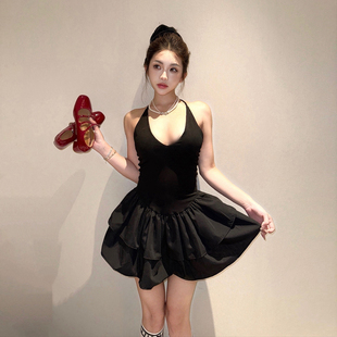 芭蕾少女 V领蓬蓬荷叶边芭蕾连衣裙女夏挂脖吊带裙 睿哥 PickRui