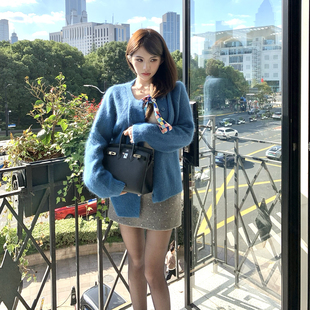 PickRui 睿哥 明媚冬日 孔雀蓝兔毛针织衫女秋冬开衫外套新款上衣