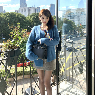 PickRui 睿哥 明媚冬日 孔雀蓝兔毛针织衫女秋冬开衫外套新款上衣