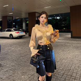 PickRui睿哥 浪漫遐想香槟狐狸毛拼接毛领口衬衫女秋冬设计感上衣