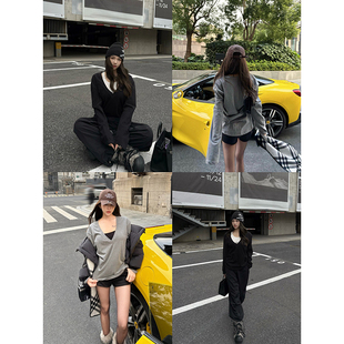 【粉丝7折特价】冬季万金油 大V领黑灰宽松打底T女高品质长袖T恤