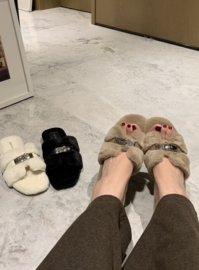 PickRui 睿哥温暖甜心 金属扣毛毛平底拖鞋女秋季时尚小众设计感