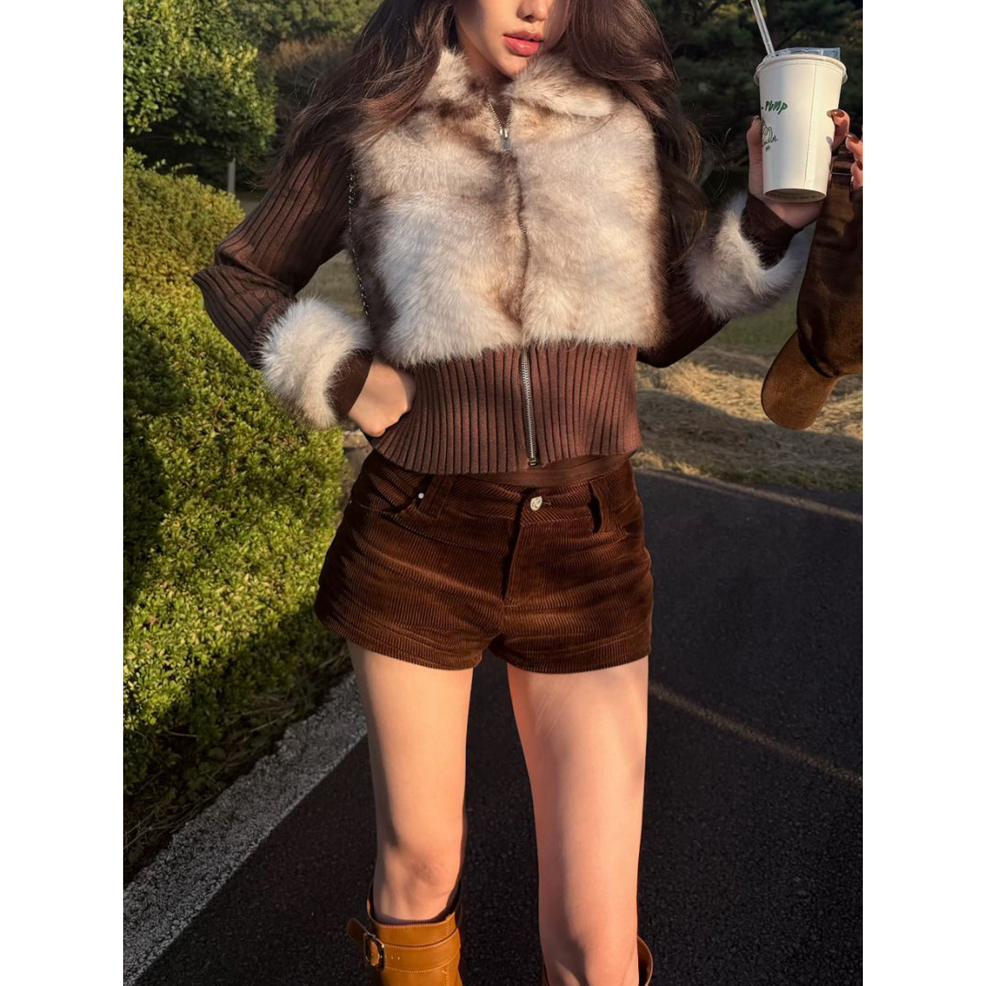 PickRui 睿哥 枫叶拿铁 复古灯芯绒短裤女秋冬新款全棉直筒休闲裤