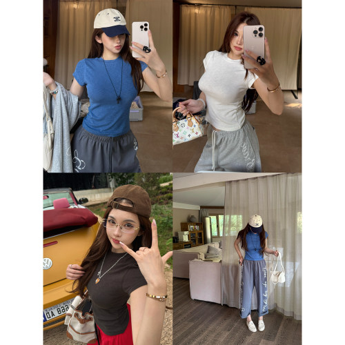 PickRui睿哥美式玩家竹节棉正肩短袖T恤女夏新款圆领上衣基础百搭