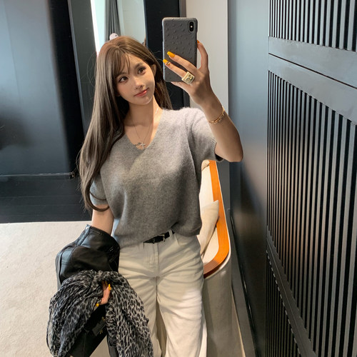 PickRui睿哥诠释优雅V领短袖拉毛针织衫女新款内搭打底衫早秋上衣