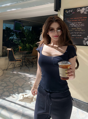 PickRui睿哥 口袋懒懒U领天丝短袖T恤女夏季新款亲肤上衣休闲百搭