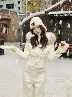 PickRui 睿哥 奶白泡芙 新款貉子毛领奶白羽绒服女冬保暖休闲外套