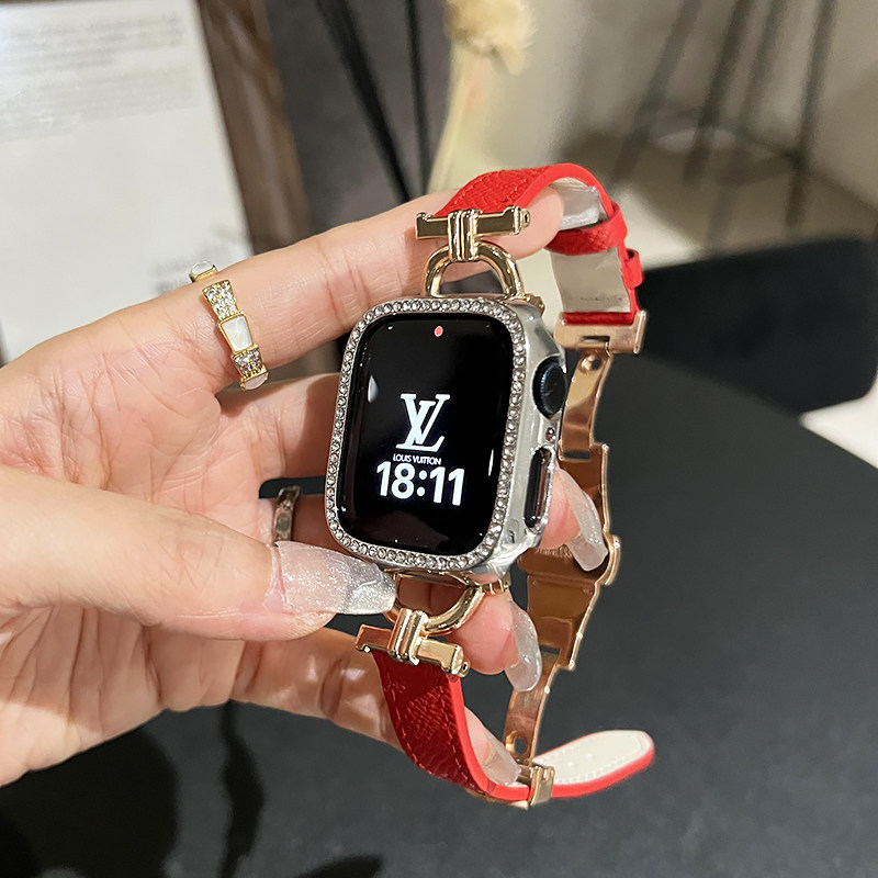 D字蝴蝶扣红色细款高级表带iwatchSe8适用applewatch手表带7910代