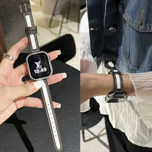 细款 春夏小众适用苹果applewatch手表表带帆布拼真皮iwatch7表带