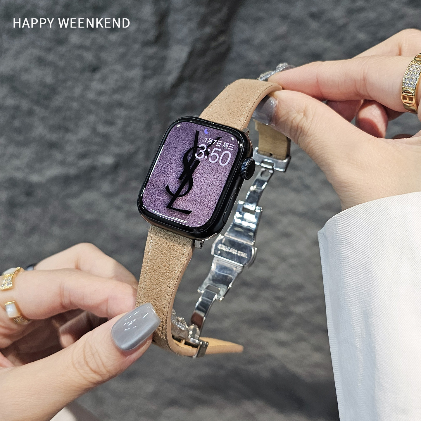 美拉德蝴蝶扣真皮表带适用苹果手表S11表带iwatchS1089高级感腕带