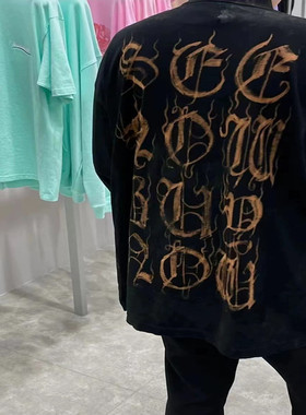 2024SS重磅320g美式高街梵文字体字母水洗做旧男女宽松短袖T恤夏