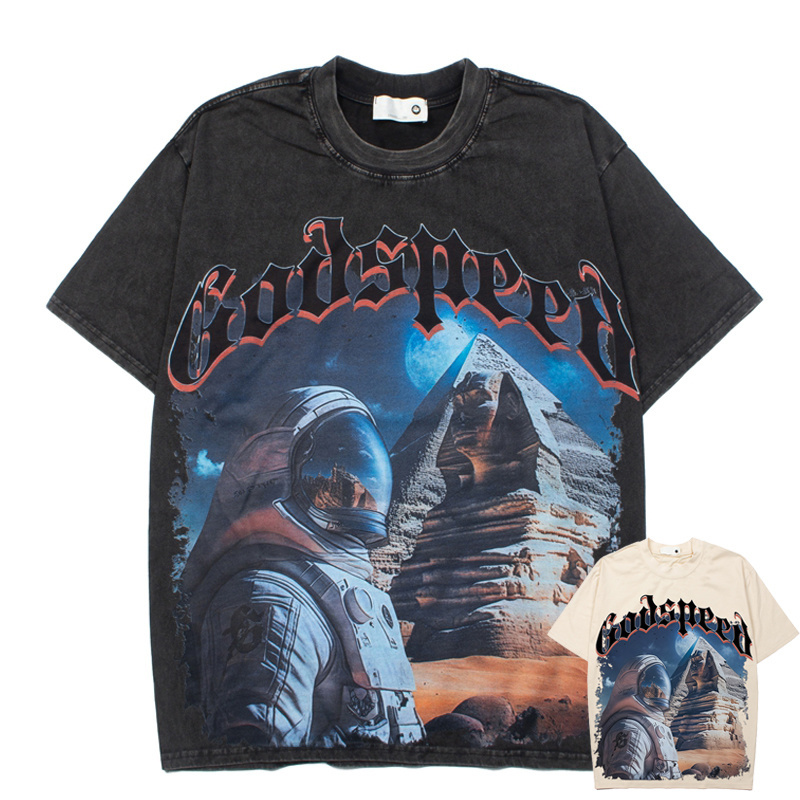 26SS新款美潮高街宇航员金字塔印花水洗复古暗黑摇滚短袖T恤男女