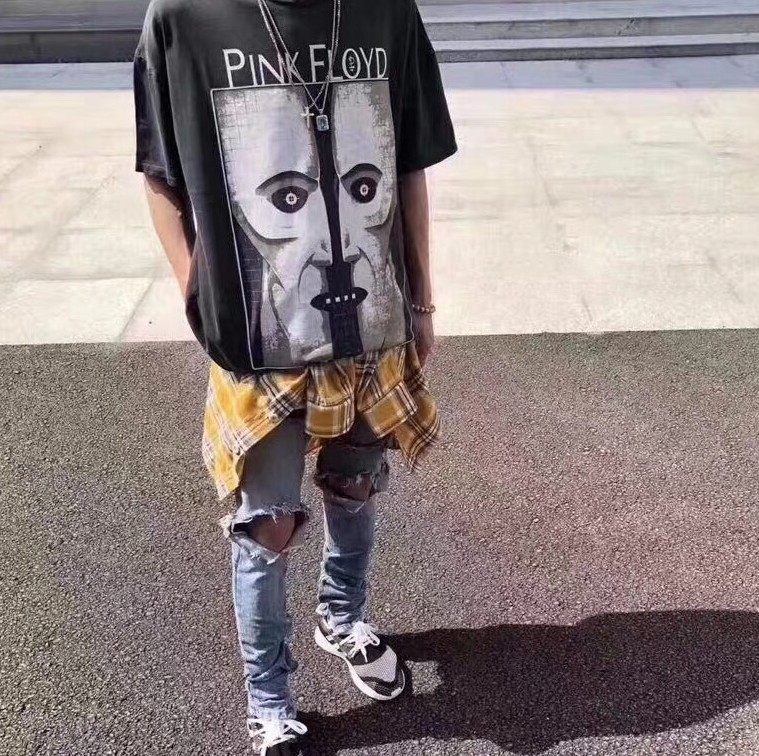 2022新款vintage pink floyd白鬼复古水洗做旧比伯短袖t恤男情侣