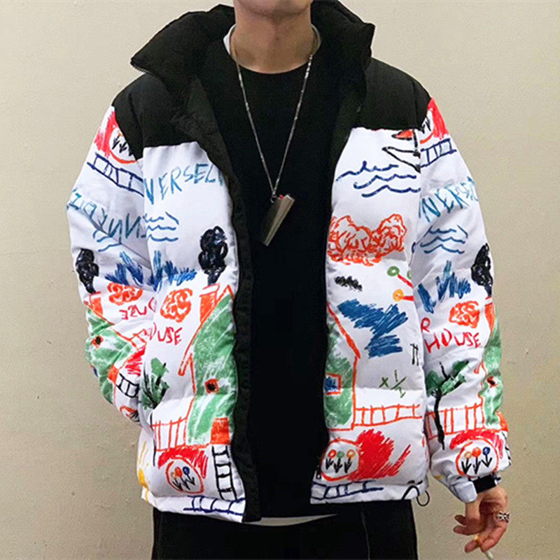 欧美潮牌陈冠希同款涂鸦印花羽绒棉服加绒加厚外套上衣男女情侣